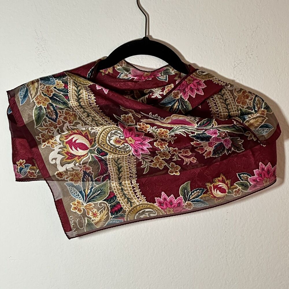 Oscar De La Renta Vintage Silk Floral Scarf 11”X 52” Burgundy, Gold, Bright Pink - Picture 11 of 11